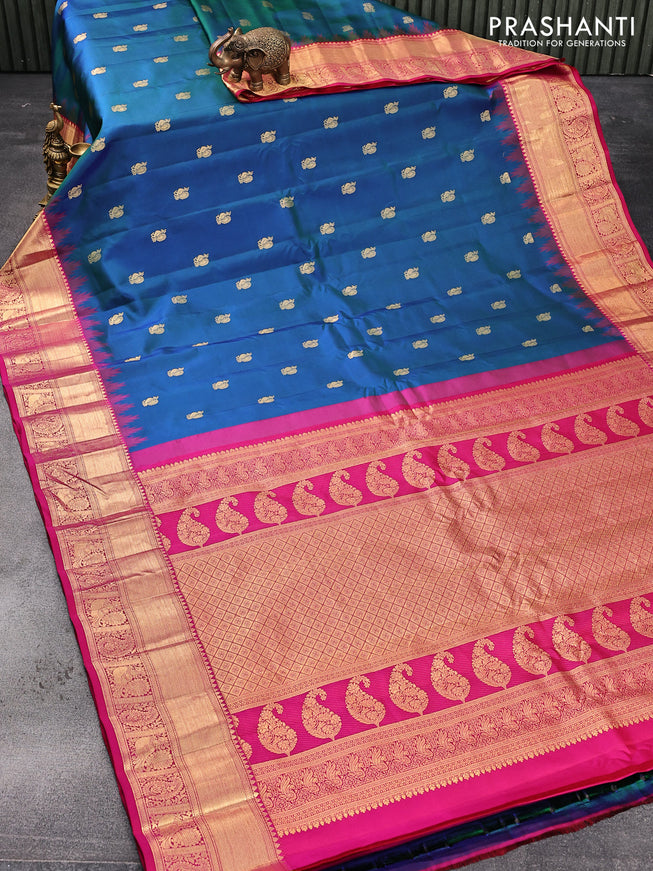 Pure gadwal silk saree dual shade of bluish green and pink with annam zari woven buttas and temple design annam zari woven border
