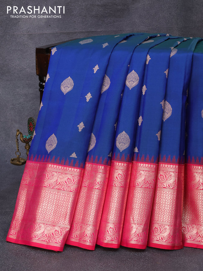 Pure gadwal silk saree blue and pink with allover zari woven buttas and long zari woven border