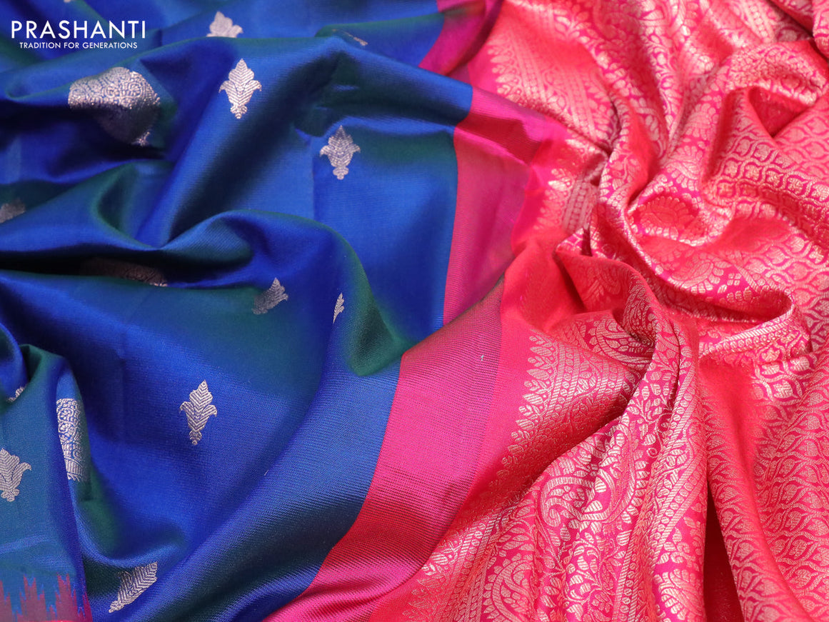Pure gadwal silk saree blue and pink with allover zari woven buttas and long zari woven border