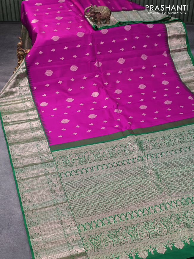 Pure gadwal silk saree purple and green with zari woven buttas and temple design zari woven border