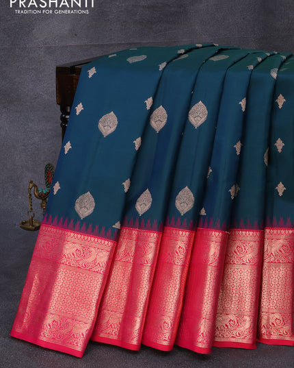 Pure gadwal silk saree peacock green and pink with zari woven buttas and long zari woven border
