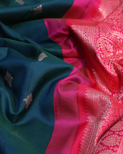 Pure gadwal silk saree peacock green and pink with zari woven buttas and long zari woven border