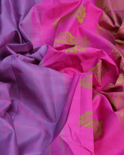 Pure gadwal silk saree mild purple and pink with allover checked pattern and temple design thread woven border