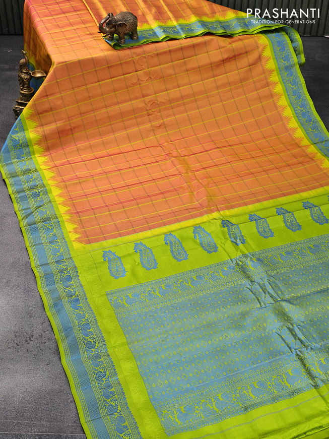Pure gadwal silk saree dual shade of mustard yellow and light green with allover checked pattern and temple design thread woven border