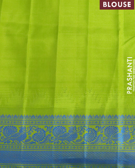 Pure gadwal silk saree dual shade of mustard yellow and light green with allover checked pattern and temple design thread woven border
