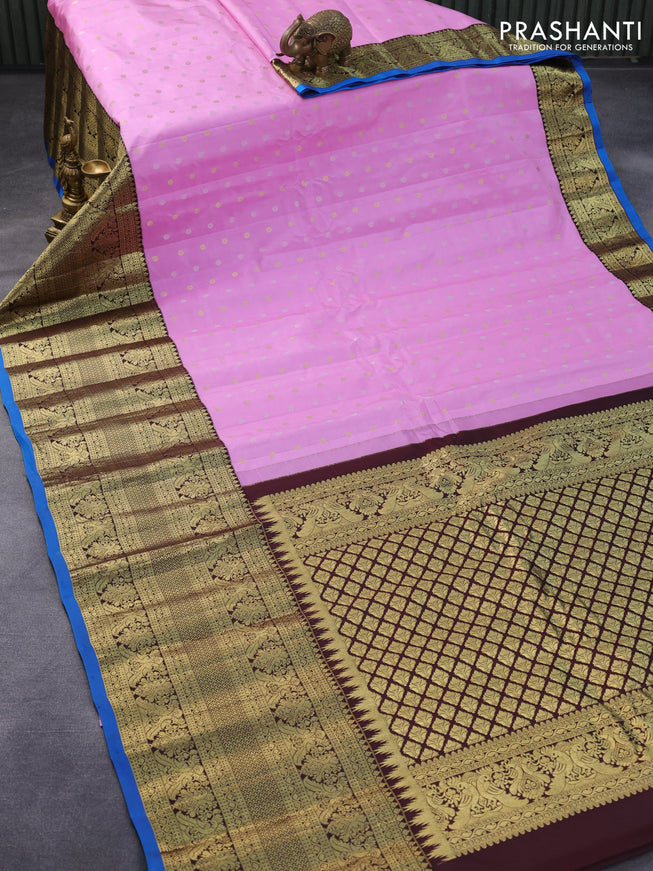 Pure gadwal silk saree light pink and coffee brown with allover zari woven floral buttas and long zari woven border