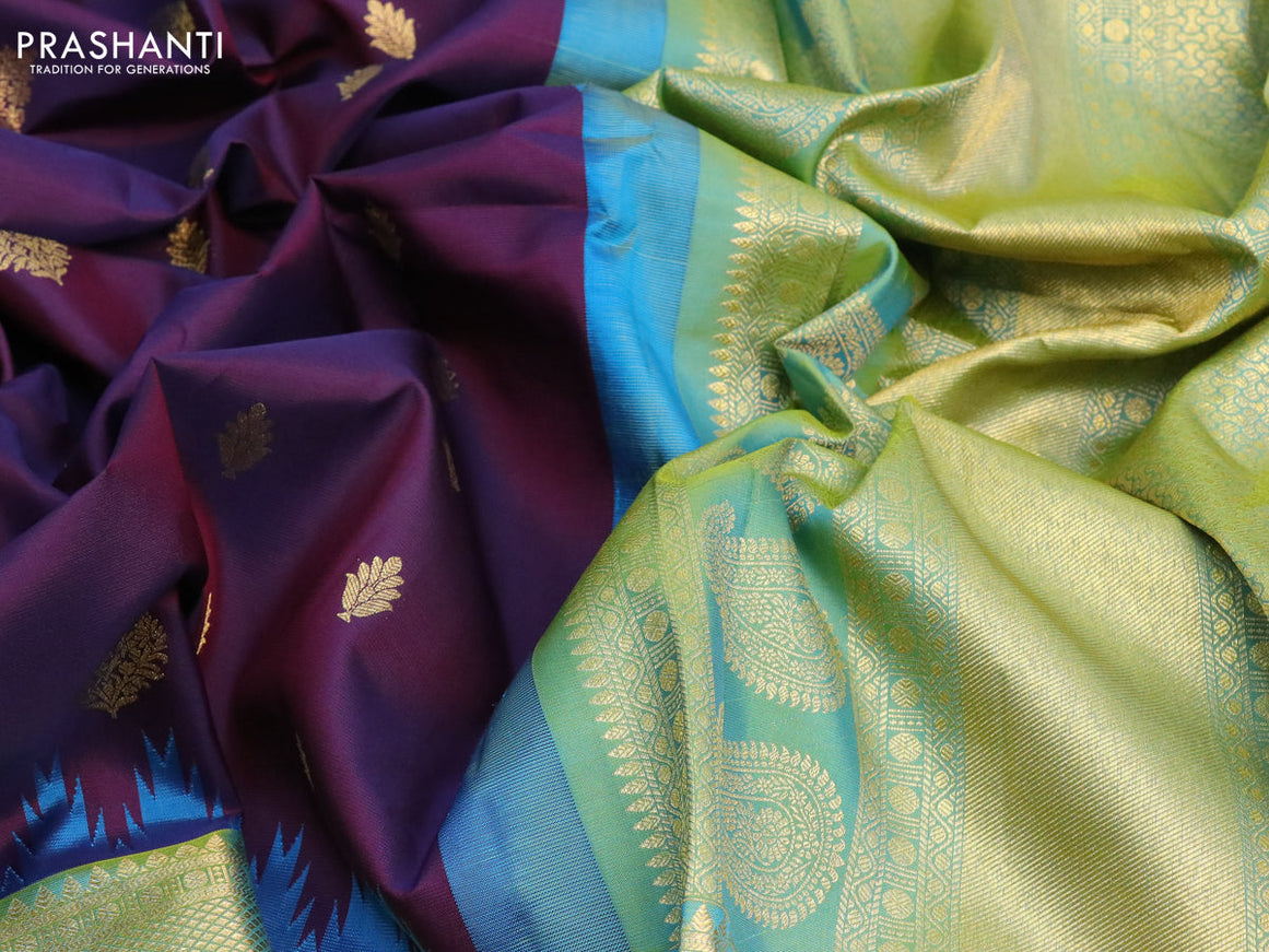 Pure gadwal silk saree deep jamun shade and dual shade of teal blue with zari woven buttas and long annam zari woven border