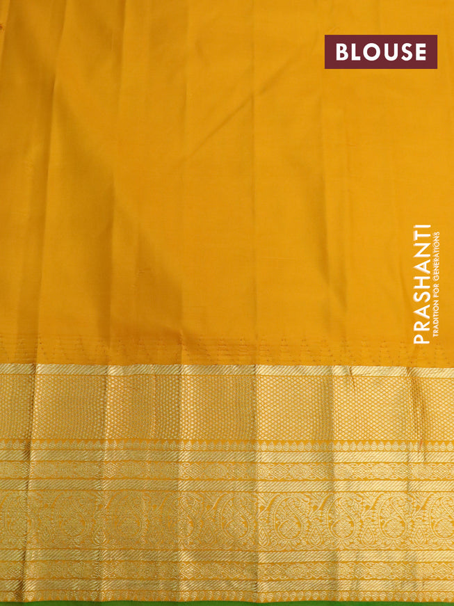 Pure gadwal silk saree green and mustard yellow with silver & gold zari woven buttas and temple design long zari woven border