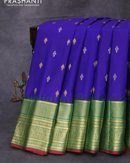 Pure gadwal silk saree blue and green with silver & gold zari woven buttas and temple design zari woven border