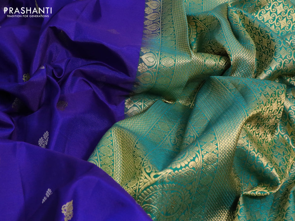 Pure gadwal silk saree blue and green with silver & gold zari woven buttas and temple design zari woven border