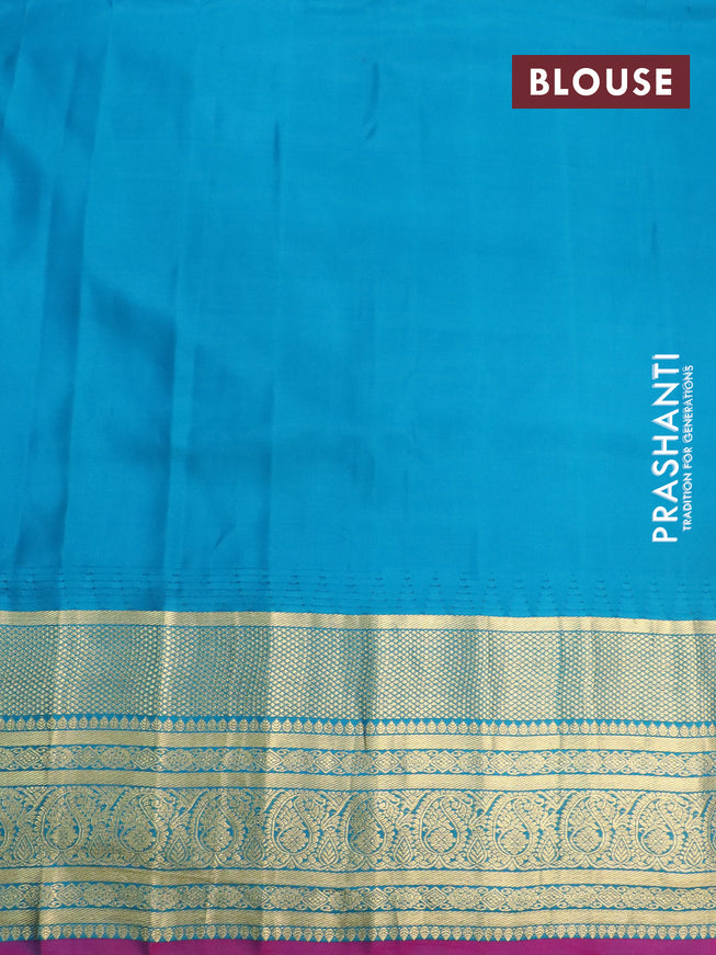 Pure gadwal silk saree orange and cs blue with silver & gold zari woven buttas and temple design zari woven border