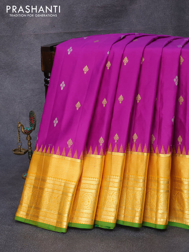 Pure gadwal silk saree purple and mustard yellow with silver & gold zari woven buttas and temple design zari woven border