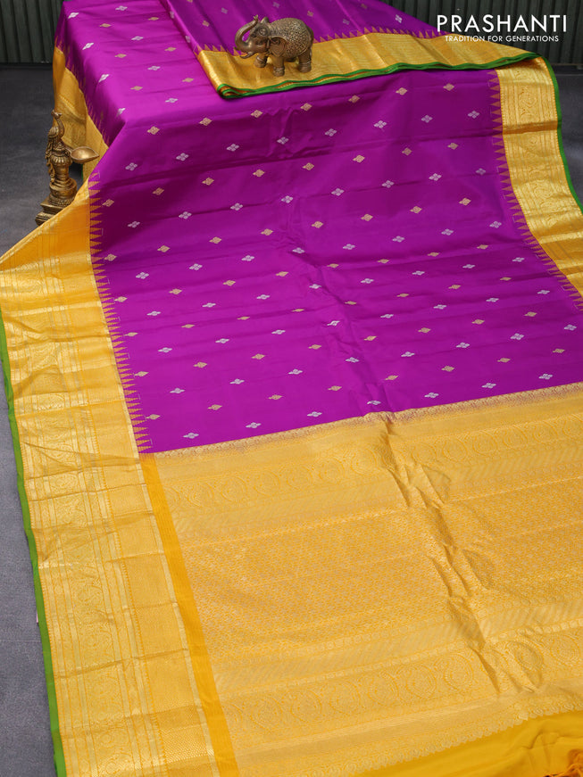 Pure gadwal silk saree purple and mustard yellow with silver & gold zari woven buttas and temple design zari woven border