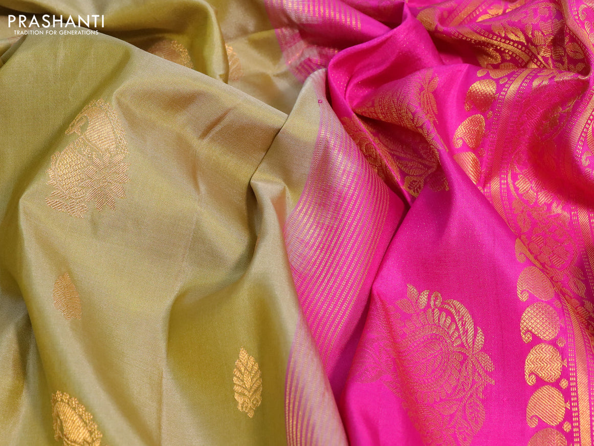 Pure gadwal silk saree elaichi green and pink with zari woven floral buttas and temple design zari woven border