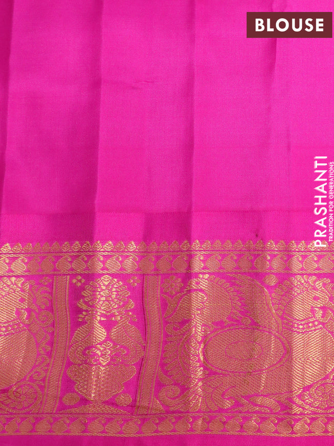 Pure gadwal silk saree elaichi green and pink with zari woven floral buttas and temple design zari woven border