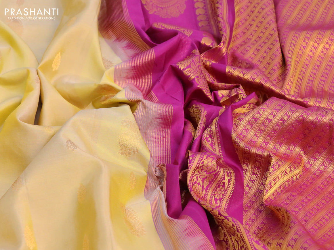 Pure gadwal silk saree pale yellow and purple with zari woven buttas and temple design annam zari woven border