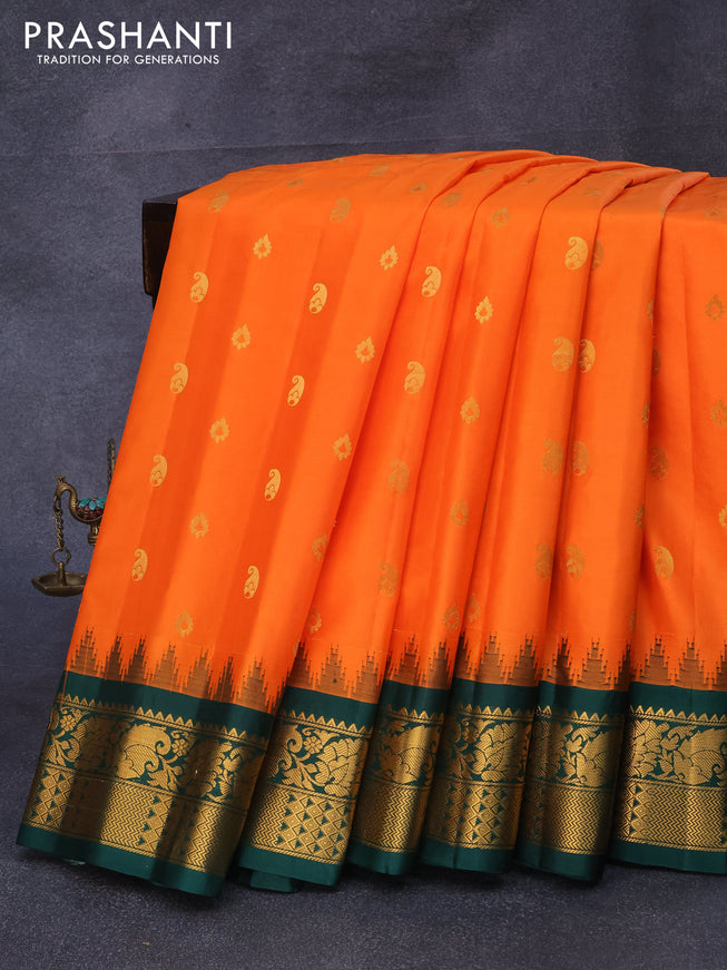 Pure gadwal silk saree orange and green with zari woven buttas and temple design zari woven border