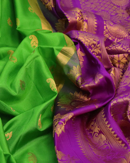 Pure gadwal silk saree parrot green and purple with zari woven buttas and temple design zari woven border