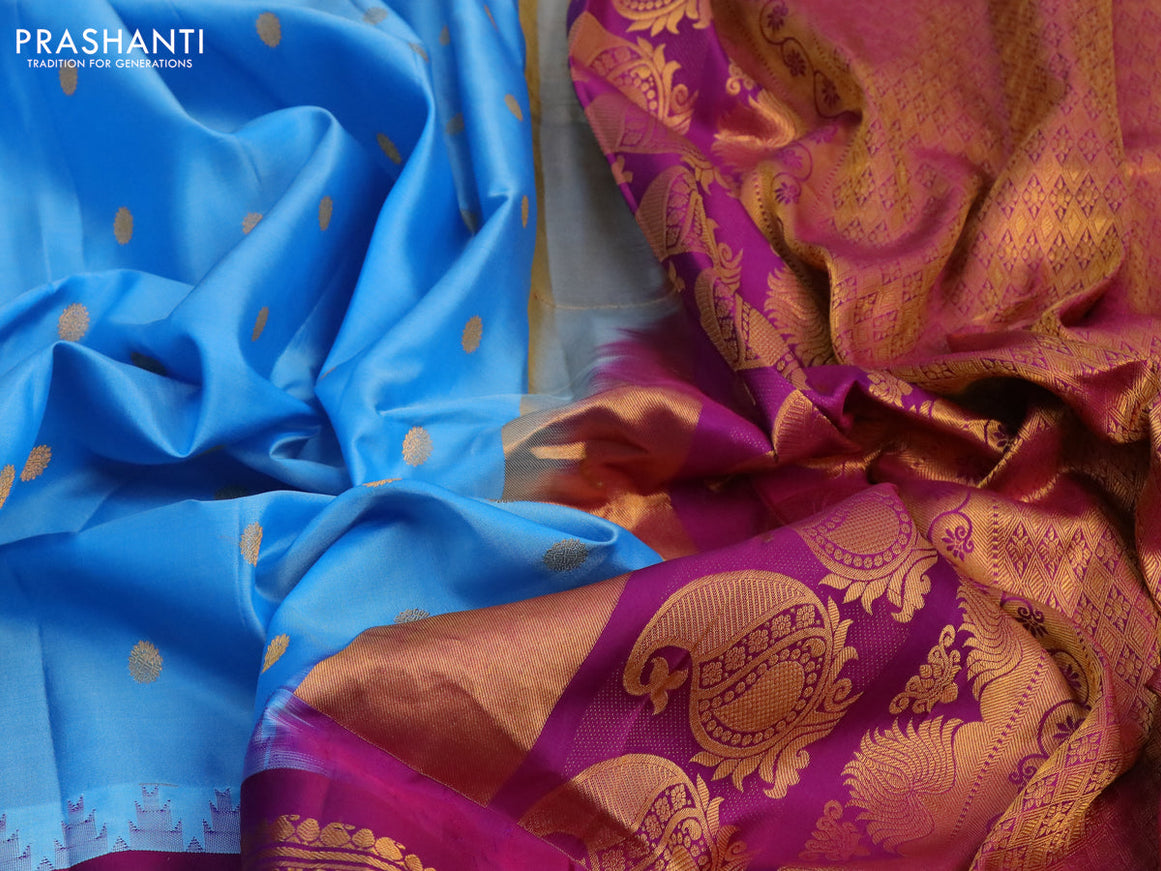 Pure gadwal silk saree light blue and purple with zari woven buttas and long zari woven border
