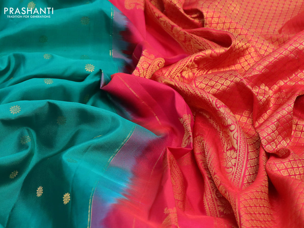 Pure gadwal silk saree teal green and dual shade of pink with zari woven paisley buttas and temple design zari woven border
