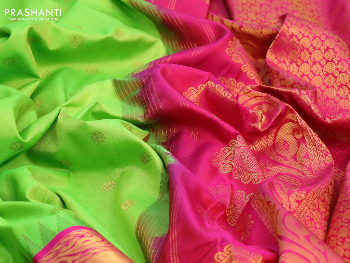 Pure gadwal silk saree light green and pink with zari woven floral buttas and temple design zari woven border