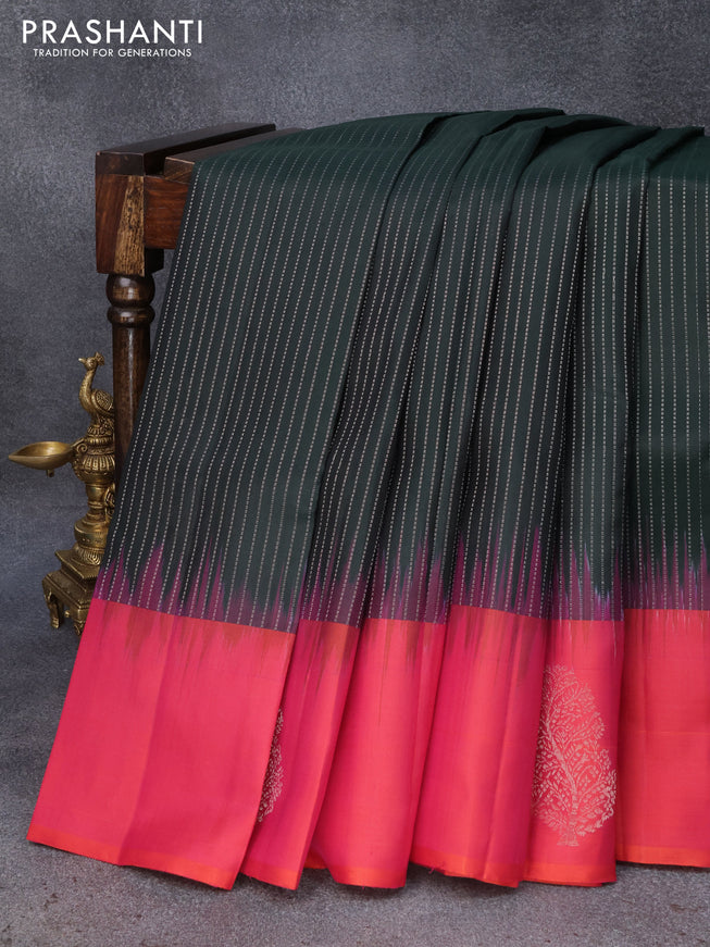 Pure soft silk saree dark bottle green and dual shade of pinkish orange with allover silver zari weaves and silver zari woven butta border