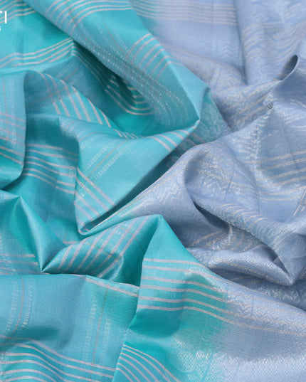 Pure soft silk saree teal blue0 and pastel grey with allover checked pattern and simple border