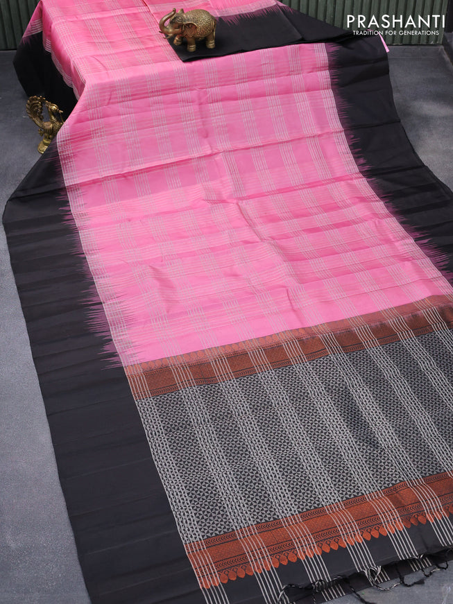 Pure soft silk saree light pink and black with allover checked pattern and simple border