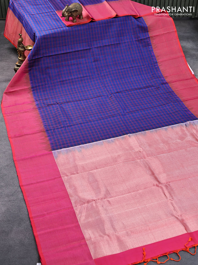 Pure soft silk saree blue and dual shade of pinkish orange with allover checked pattern and silver zari woven simple border