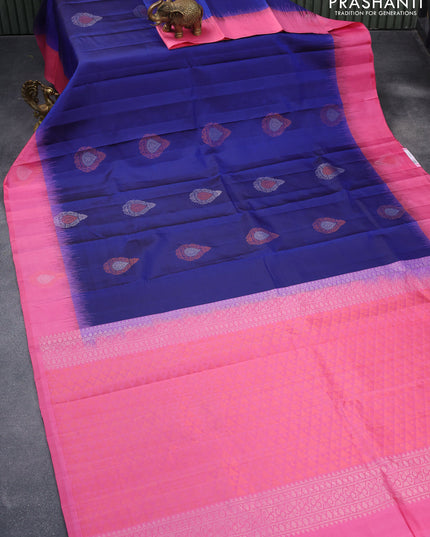 Pure soft silk saree blue and light pink with silver & copper zari woven buttas and zari woven butta border