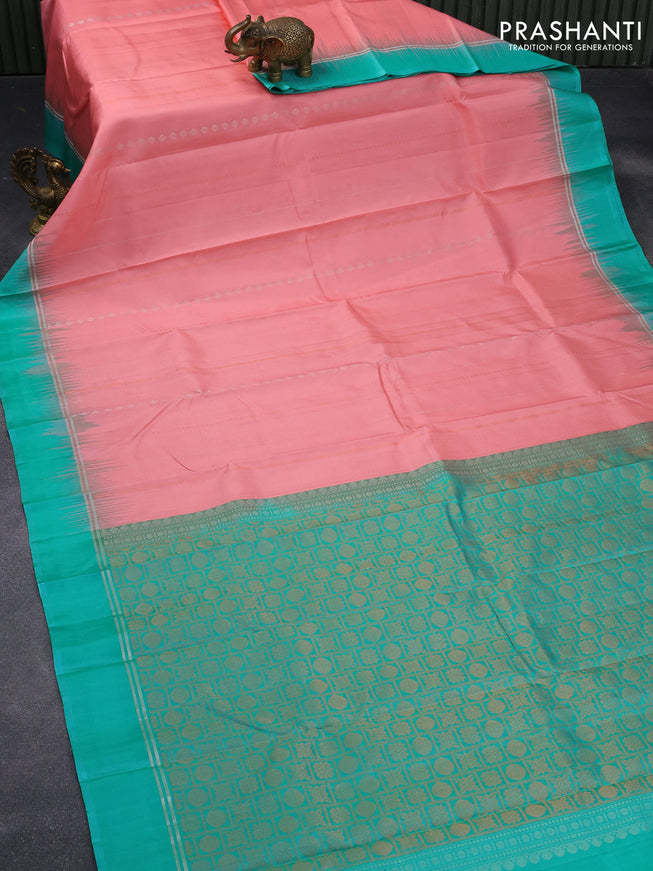 Pure soft silk saree peach pink and teal green with silver & copper zari weaves and silver zari woven simple border