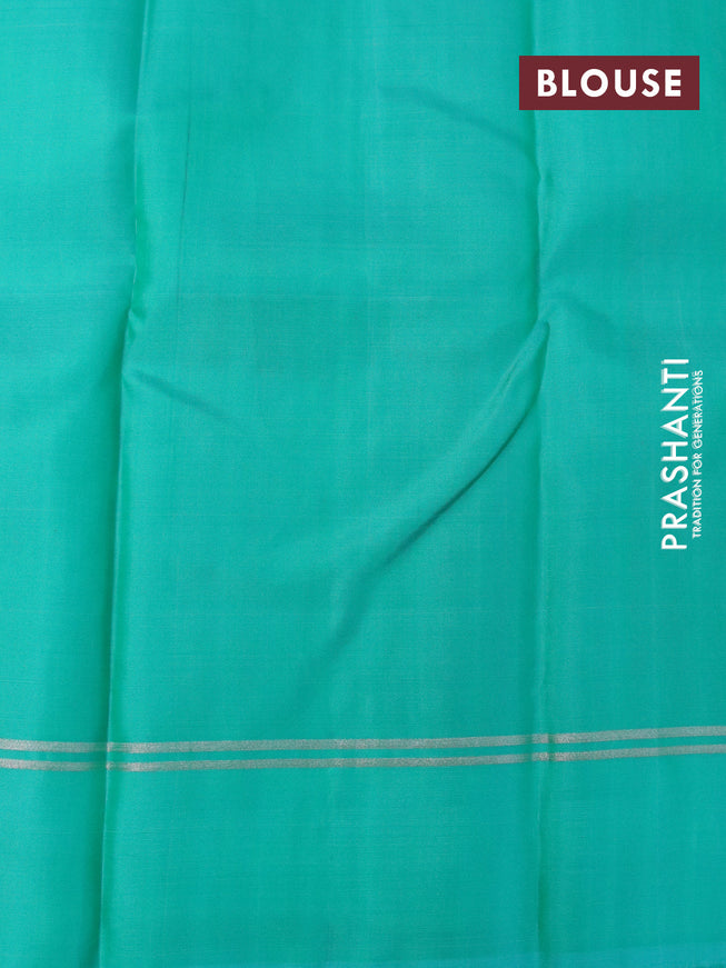 Pure soft silk saree peach pink and teal green with silver & copper zari weaves and silver zari woven simple border