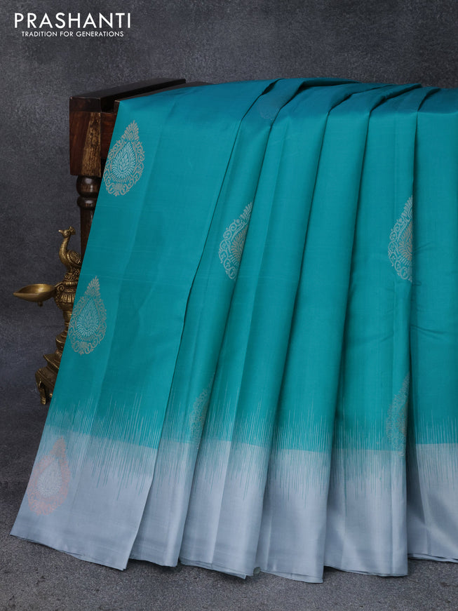 Pure soft silk saree teal blue and grey with silver & copper zari woven buttas and copper zari woven butta border