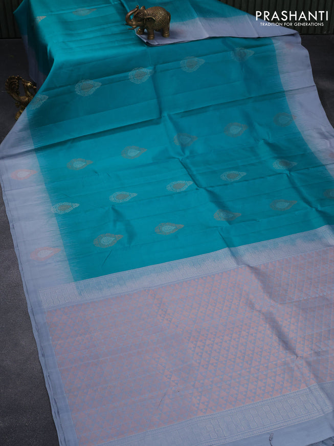 Pure soft silk saree teal blue and grey with silver & copper zari woven buttas and copper zari woven butta border