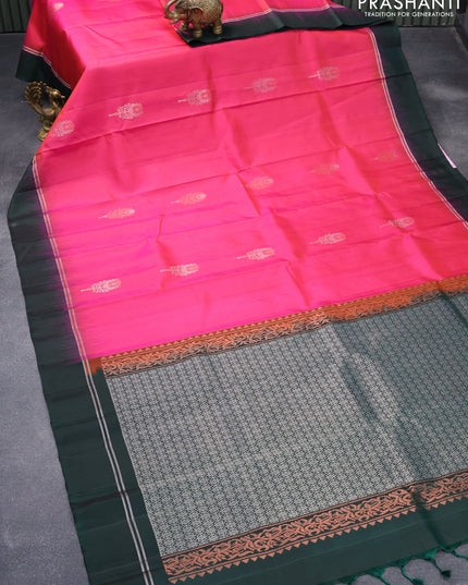 Pure soft silk saree dual shade of pinkish orange and bottle green with silver & gold zari woven buttas and silver zari woven simple border
