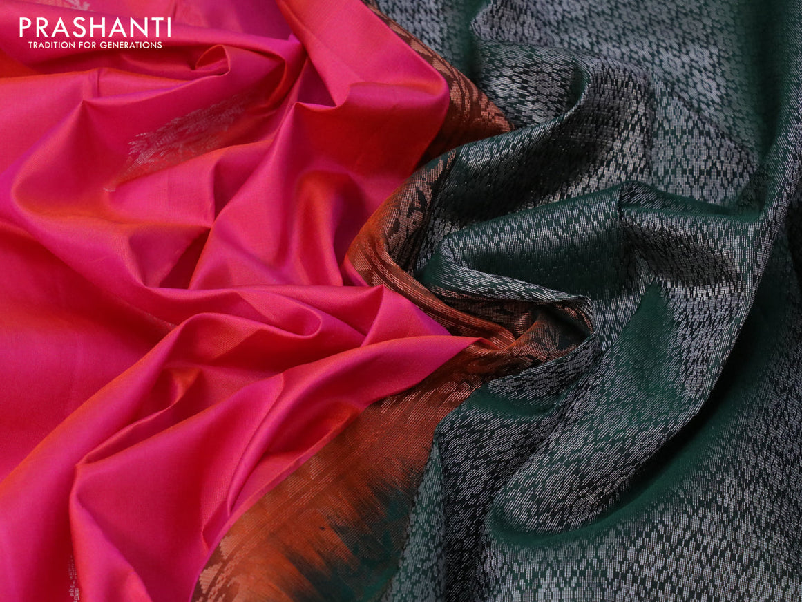 Pure soft silk saree dual shade of pinkish orange and bottle green with silver & gold zari woven buttas and silver zari woven simple border