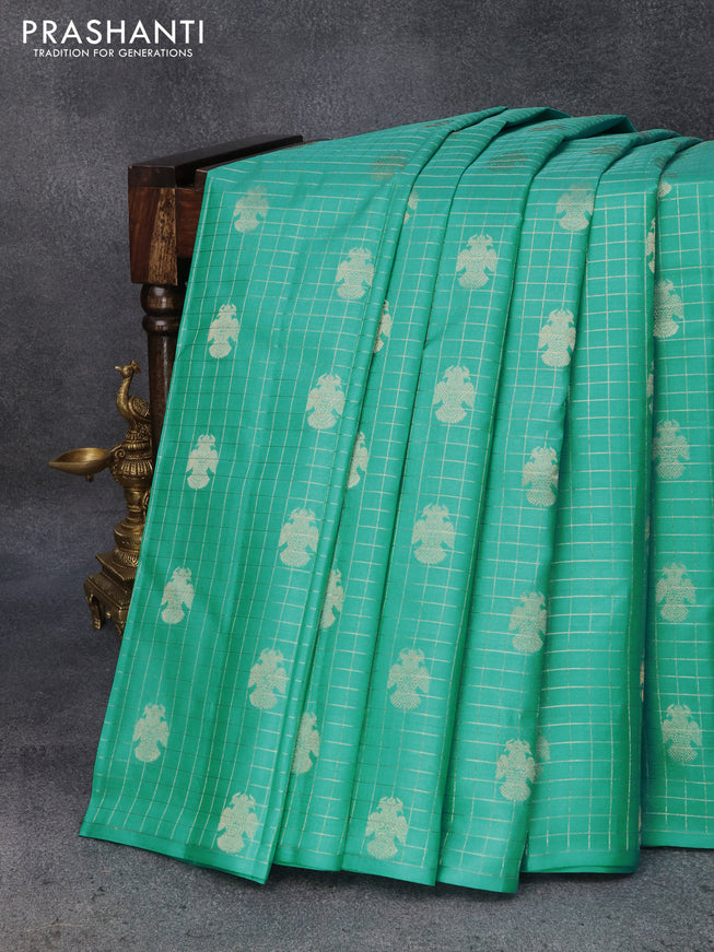 Pure soft silk saree teal blue and brown with allover zari checks & buttas in borderless style