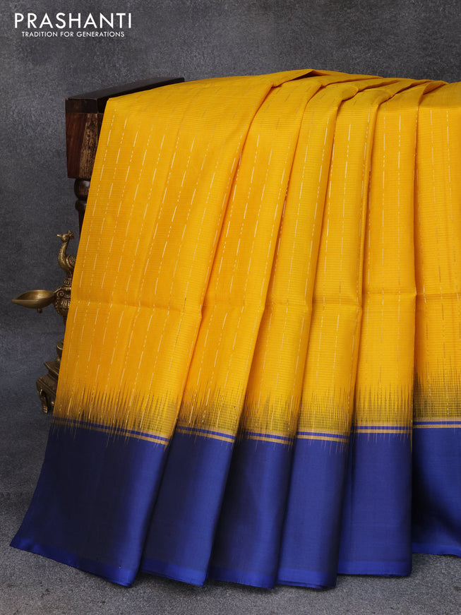 Pure soft silk saree mustard yellow and blue with allover zari weaves and zari woven simple border