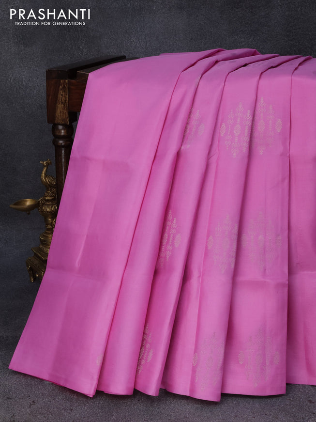 Pure soft silk saree light pink and elaichi green with silver zari woven buttas in borderless style