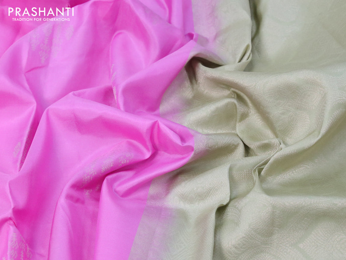 Pure soft silk saree light pink and elaichi green with silver zari woven buttas in borderless style