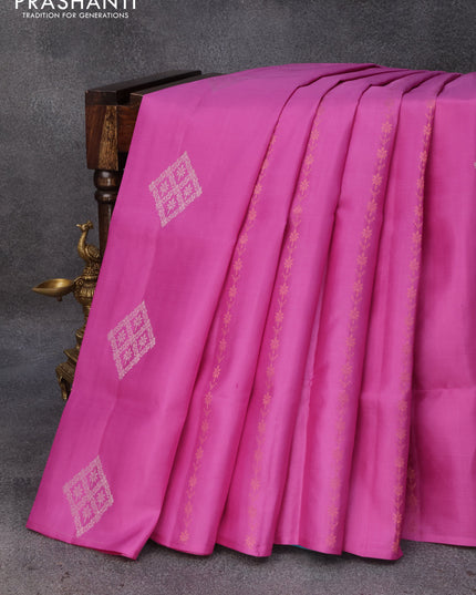 Pure soft silk saree pink shade and dual shade of teal blue with allover silver & copper zari weaves in borderless style
