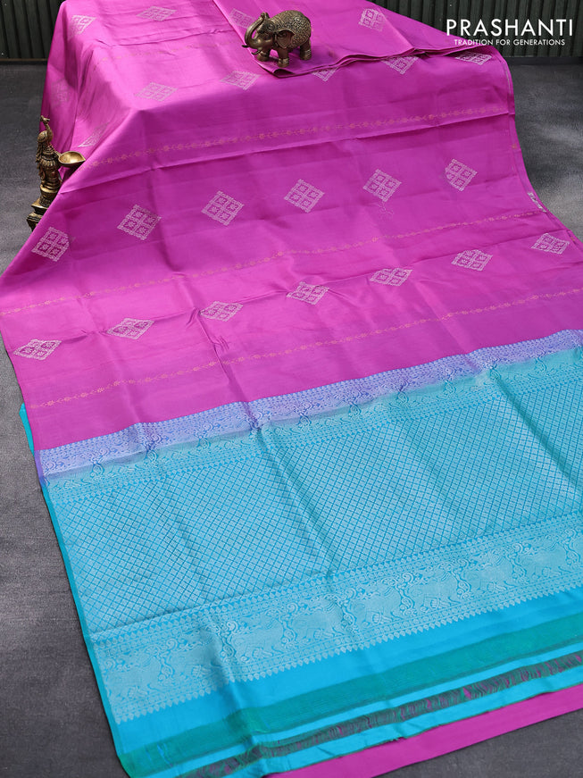 Pure soft silk saree pink shade and dual shade of teal blue with allover silver & copper zari weaves in borderless style