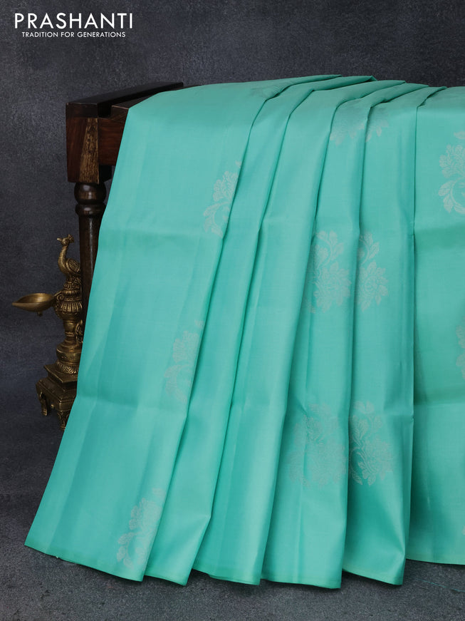 Pure soft silk saree teal green and purple with silver zari woven floral buttas in borderless style