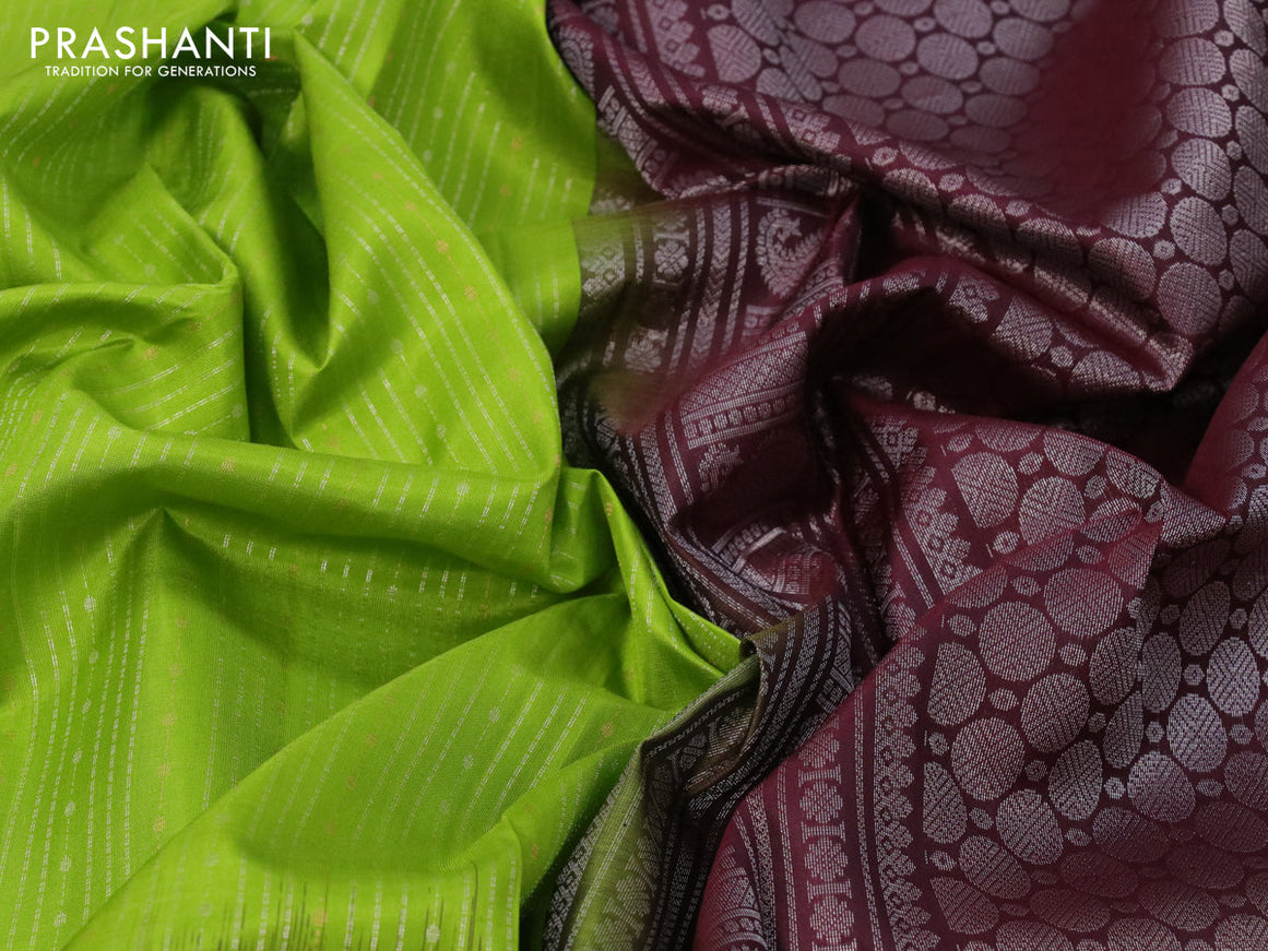 Pure soft silk saree light green and deep maroon with allover silver & copper zari weaves and zari woven butta border