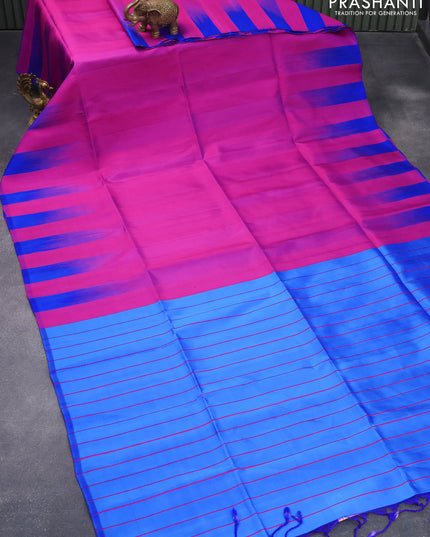Pure soft silk saree purple and cs blue with plain body & jute finish and temple woven border