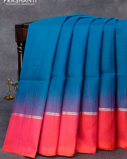 Pure soft silk saree peacock blue and dual shade of pinkish orange with silver zari woven buttas and silver zari woven simple border