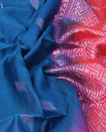Pure soft silk saree peacock blue and dual shade of pinkish orange with silver zari woven buttas and silver zari woven simple border