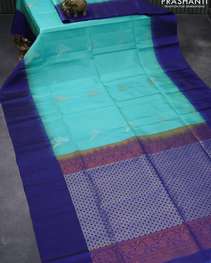 Pure soft silk saree teal blue and blue with silver & copper zari woven buttas and simple border