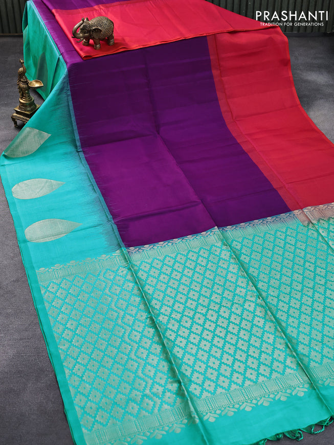 Pure soft silk saree deep purple and teal blue with plain body and ganga jamuna border