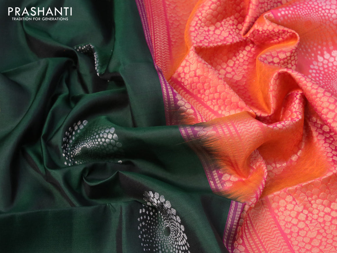Pure soft silk saree bottle green and dual shade of pinkish orange with zari woven buttas in borderless style